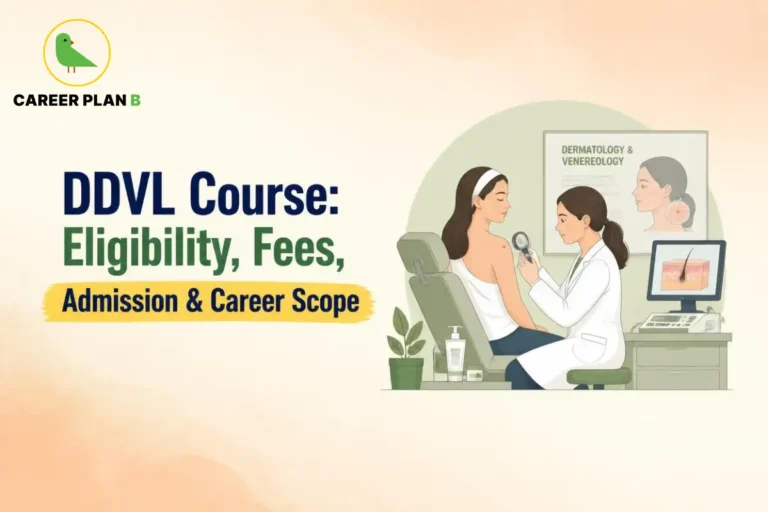 Educational infographic by Career Plan B titled "DDVL Course: Eligibility, Fees, Admission & Career Scope". Top-left features the Career Plan B logo with a green bird inside a solid gold circular emblem with text below. Right side illustrates a dermatologist examining a patient's skin using a dermatoscope in a clinic room, with a "DERMATOLOGY & VENEREOLOGY" poster and skin anatomy monitor in the background.