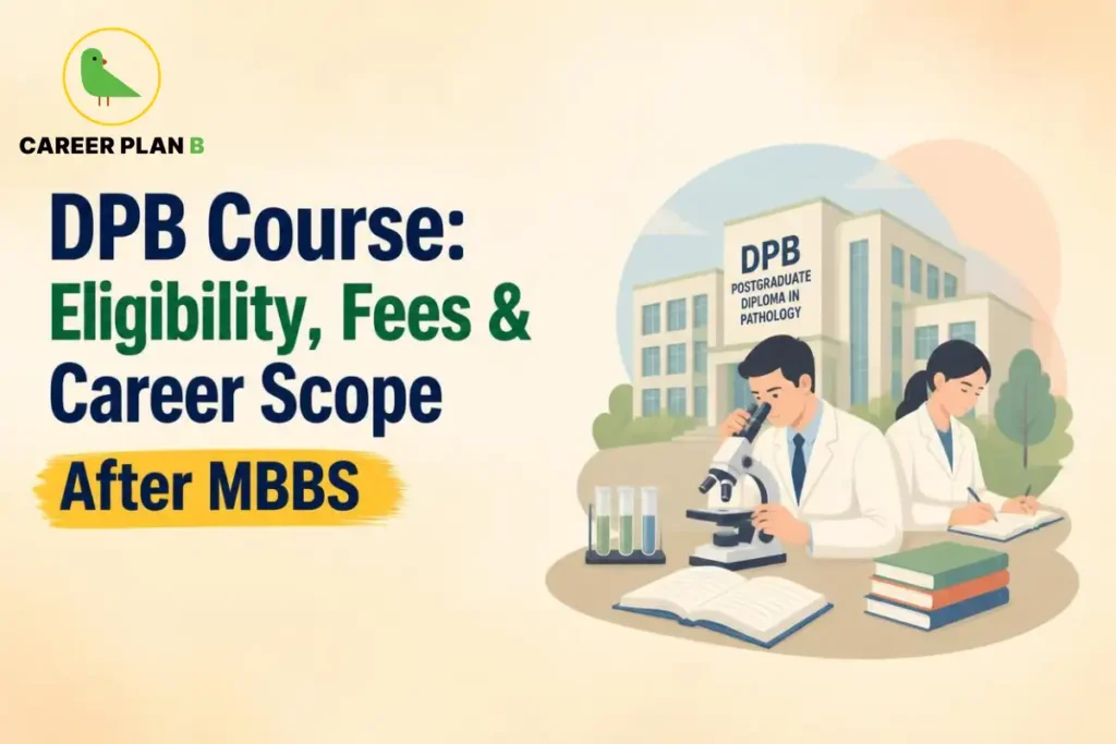 Educational infographic by Career Plan B titled "DPB Course: Eligibility, Fees & Career Scope After MBBS". Top-left features the Career Plan B logo with a green bird inside a solid gold circular emblem with text below. Right side illustrates medical researchers examining specimens with a microscope in front of a "DPB POSTGRADUATE DIPLOMA IN PATHOLOGY" building, alongside test tubes, books, and study materials on a foreground desk.