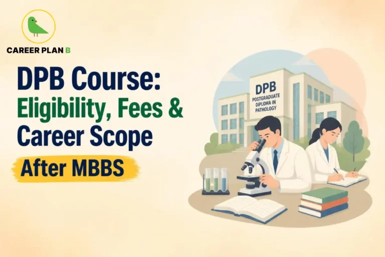 Educational infographic by Career Plan B titled "DPB Course: Eligibility, Fees & Career Scope After MBBS". Top-left features the Career Plan B logo with a green bird inside a solid gold circular emblem with text below. Right side illustrates medical researchers examining specimens with a microscope in front of a "DPB POSTGRADUATE DIPLOMA IN PATHOLOGY" building, alongside test tubes, books, and study materials on a foreground desk.