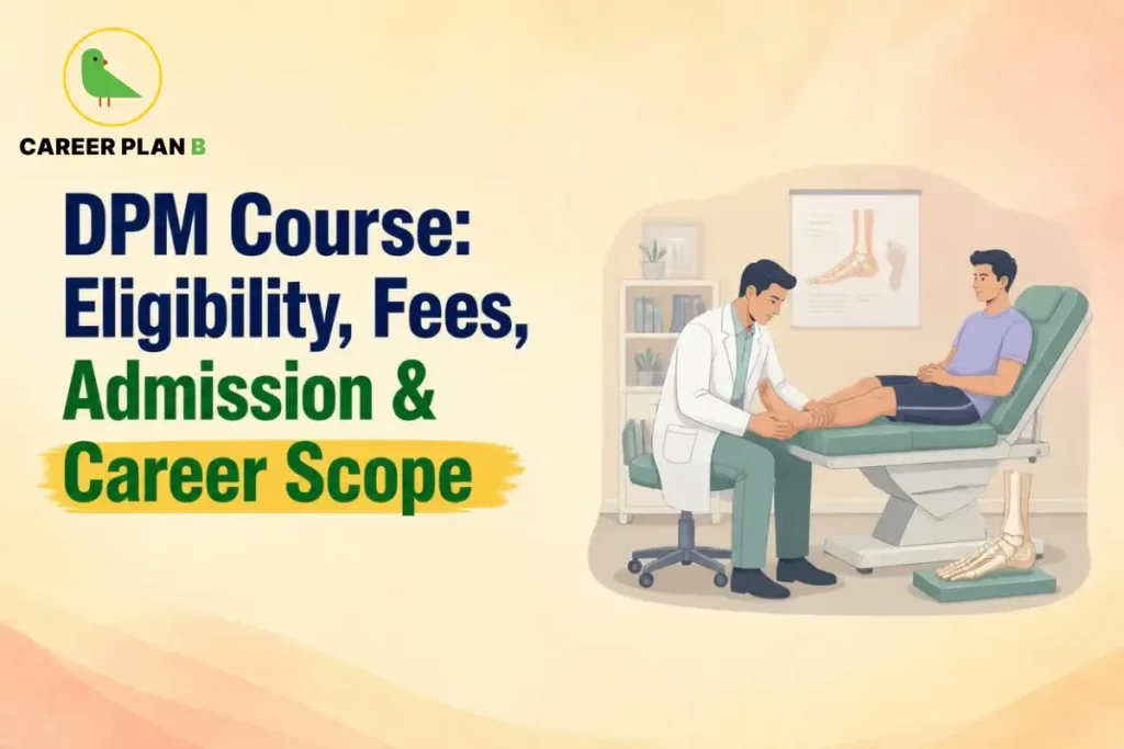 Educational infographic by Career Plan B titled "DPM Course: Eligibility, Fees, Admission & Career Scope". Top-left features the Career Plan B logo with a green bird inside a solid gold circular emblem with text below. Right side illustrates a podiatrist examining a patient's foot and ankle on an examination table in a clinic, with a foot anatomical chart on the wall and a foot model in the foreground.