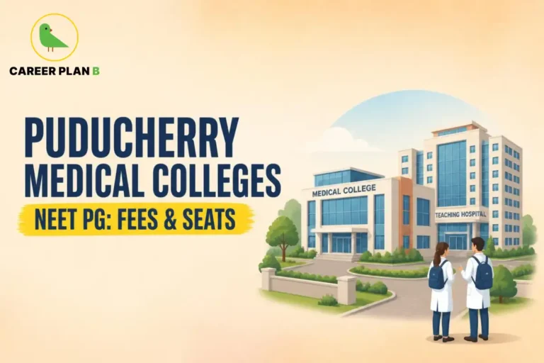 Educational infographic by Career Plan B titled "PUDUCHERRY MEDICAL COLLEGES NEET PG: FEES & SEATS". Top-left features the Career Plan B logo with a green bird inside a solid gold circular emblem with text below. Right side illustrates two medical students with backpacks standing outside a large modern medical college and teaching hospital campus.