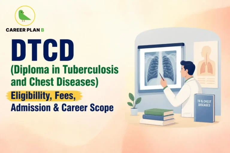 Educational infographic by Career Plan B titled "DTCD (Diploma in Tuberculosis and Chest Diseases) Eligibility, Fees, Admission & Career Scope". Top-left features the Career Plan B logo with a green bird inside a solid gold circular emblem with text below. Right side illustrates a chest physician examining a lung X-ray scan on a light box in a clinic, with a pulmonary anatomy poster, reference books, and a "TB & CHEST DISEASES" manual on the desk.