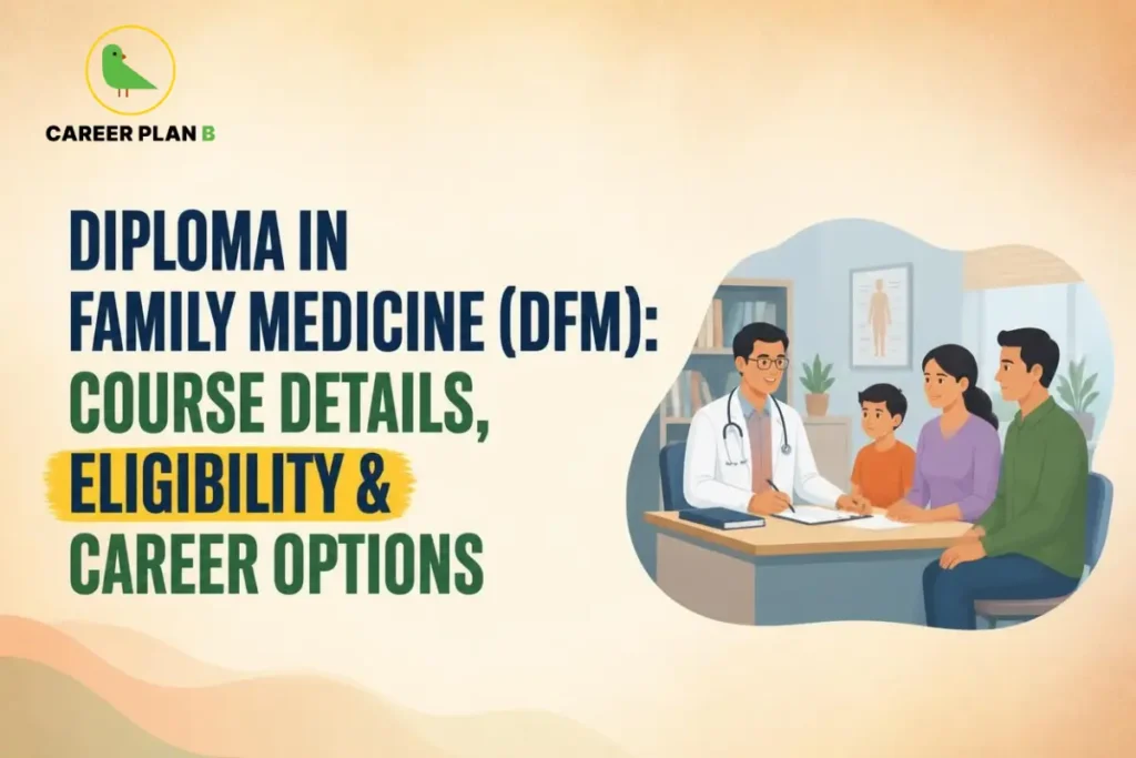 Educational infographic by Career Plan B titled "DIPLOMA IN FAMILY MEDICINE (DFM): COURSE DETAILS, ELIGIBILITY & CAREER OPTIONS". Top-left features the Career Plan B logo with a green bird inside a solid gold circular emblem with text below. Right side illustrates a family physician consulting with a family (mother, father, and child) across a desk in a clinic office.