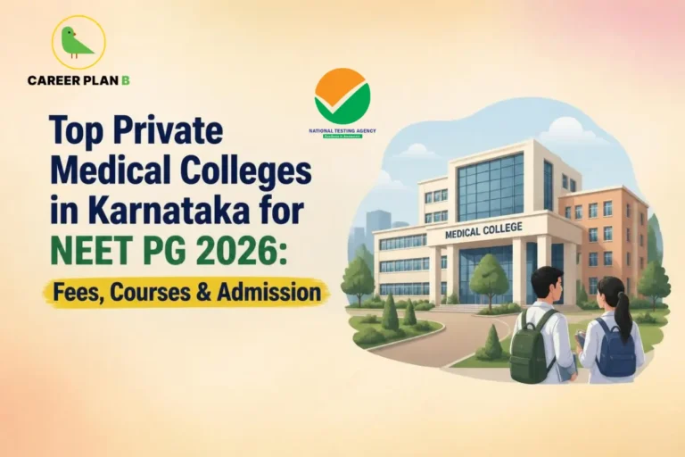 Educational infographic by Career Plan B titled "Top Private Medical Colleges in Karnataka for NEET PG 2026: Fees, Courses & Admission". Top-left features the Career Plan B logo with a green bird inside a solid gold circular emblem with text below. Right side illustrates two students with backpacks walking toward a large private medical college building and campus.
