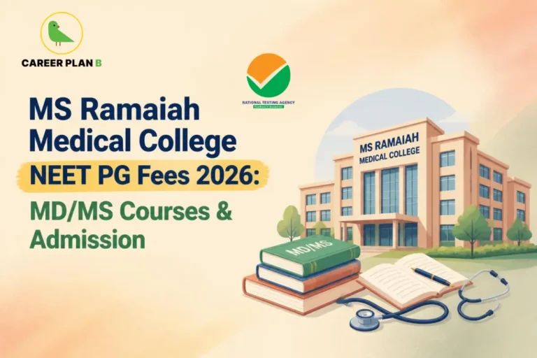 Educational infographic by Career Plan B titled "MS Ramaiah Medical College NEET PG Fees 2026: MD/MS Courses & Admission". Top-left features the Career Plan B logo with a green bird inside a solid gold circular emblem with text below. Right side illustrates the "MS RAMAIAH MEDICAL COLLEGE" building in the background, with a stack of "MD/MS" textbooks, an open notebook, a pen, and a stethoscope in the foreground.