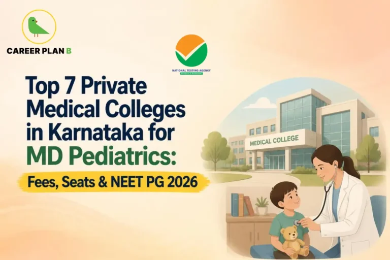 Educational infographic by Career Plan B titled "Top 7 Private Medical Colleges in Karnataka for MD Pediatrics: Fees, Seats & NEET PG 2026". Top-left features the Career Plan B logo with a green bird inside a solid gold circular emblem with text below. Right side illustrates a pediatrician examining a young boy holding a teddy bear with a stethoscope in a clinic office, with a medical college building in the background.