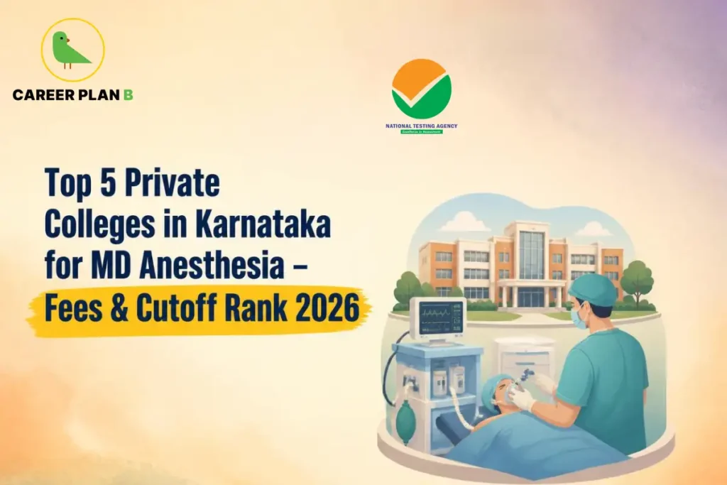 Educational infographic by Career Plan B titled "Top 5 Private Colleges in Karnataka for MD Anesthesia - Fees & Cutoff Rank 2026". Top-left features the Career Plan B logo with a green bird inside a solid gold circular emblem with text below. Right side illustrates an anesthesiologist administering anesthesia to a patient in an operating room with medical equipment and a hospital building in the background.