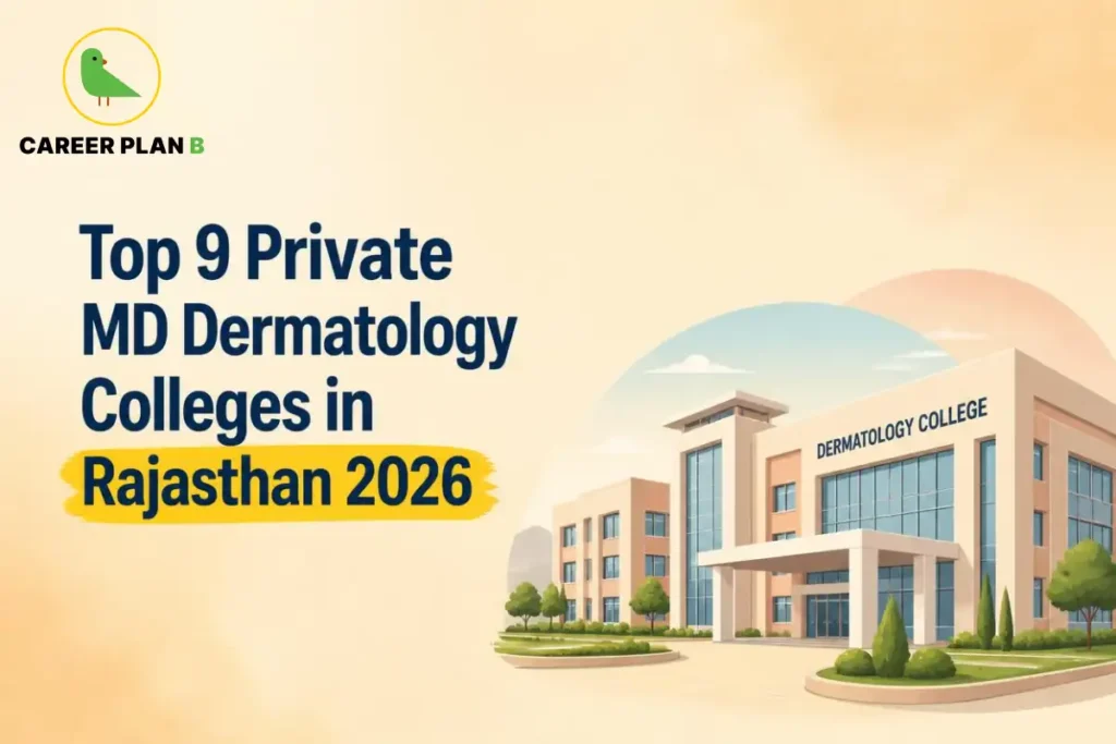 Educational infographic by Career Plan B titled "Top 9 Private MD Dermatology Colleges in Rajasthan 2026". Top-left features the Career Plan B logo with a green bird inside a solid gold circular emblem with text below. Right side illustrates a modern medical campus building with a sign reading "DERMATOLOGY COLLEGE".