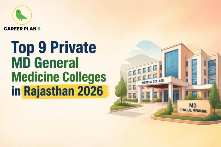 Educational infographic by Career Plan B titled "Top 9 Private MD General Medicine Colleges in Rajasthan 2026". Top-left features the Career Plan B logo with a green bird inside a solid gold circular emblem with text below. Right side illustrates a medical college building with an entrance sign reading "MEDICAL COLLEGE" and a foreground sign reading "MD GENERAL MEDICINE".