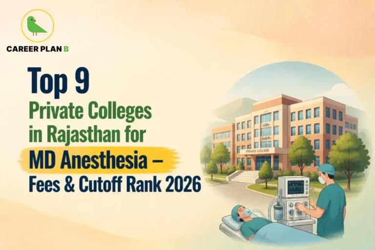 Educational infographic by Career Plan B titled "Top 9 Private Colleges in Rajasthan for MD Anesthesia - Fees & Cutoff Rank 2026". Top-left features the Career Plan B logo with a green bird inside a solid gold circular emblem with text below. Right side illustrates an anesthesiologist monitoring an anesthesia machine during a surgical procedure with a patient on the operating table, and a private college building in the background.