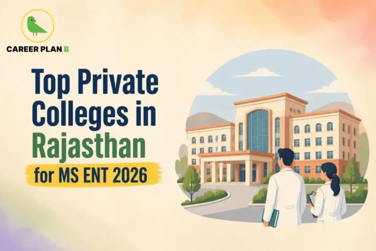 Educational infographic by Career Plan B titled "Top Private Colleges in Rajasthan for MS ENT 2026". Top-left features the Career Plan B logo with a green bird inside a solid gold circular emblem with text below. Right side illustrates two medical professionals in white coats walking toward a private medical college campus building.