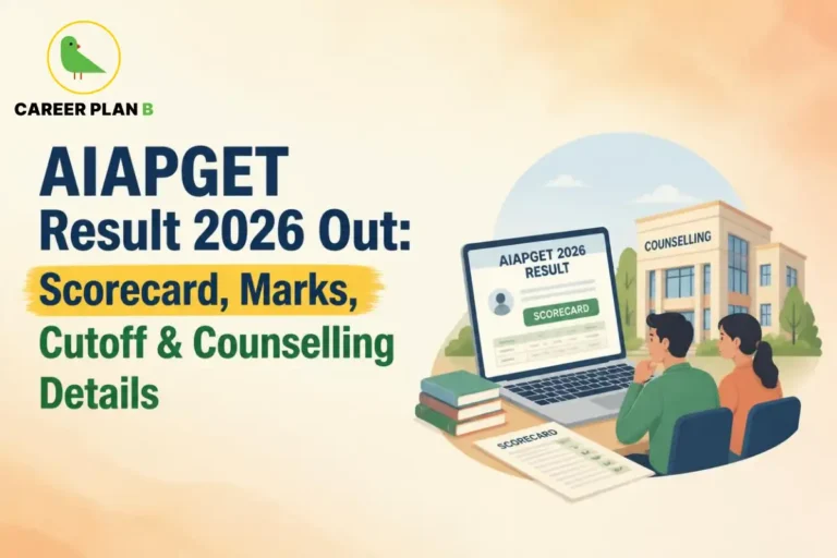 Banner text highlighting AIAPGET 2026 result out with scorecard, marks, cutoff, and counselling details, alongside a computer displaying scorecards and a counselling building.