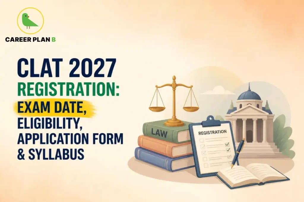 Educational infographic by Career Plan B titled "CLAT 2027 REGISTRATION: EXAM DATE, ELIGIBILITY, APPLICATION FORM & SYLLABUS". Top-left features the Career Plan B logo with a green bird inside a solid gold circular emblem with text below. Right side illustrates a golden scales of justice resting on top of stacked law textbooks, a registration clipboard with a pen, an open book, and a courthouse building in the background.