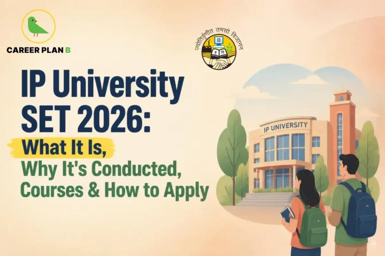 Banner text explaining IP University SET 2026 covering what it is, why it's conducted, courses, and how to apply, with students walking toward campus.