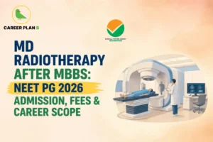 Educational infographic by Career Plan B titled "MD RADIOTHERAPY AFTER MBBS: NEET PG 2026 ADMISSION, FEES & CAREER SCOPE". Top-left features the Career Plan B logo with a green bird inside a solid gold circular emblem with text below, alongside a testing agency logo at the top center. Right side illustrates a medical professional operating a radiotherapy machine for a patient lying on a treatment table, with a diagnostic monitor and desk setup in the background.