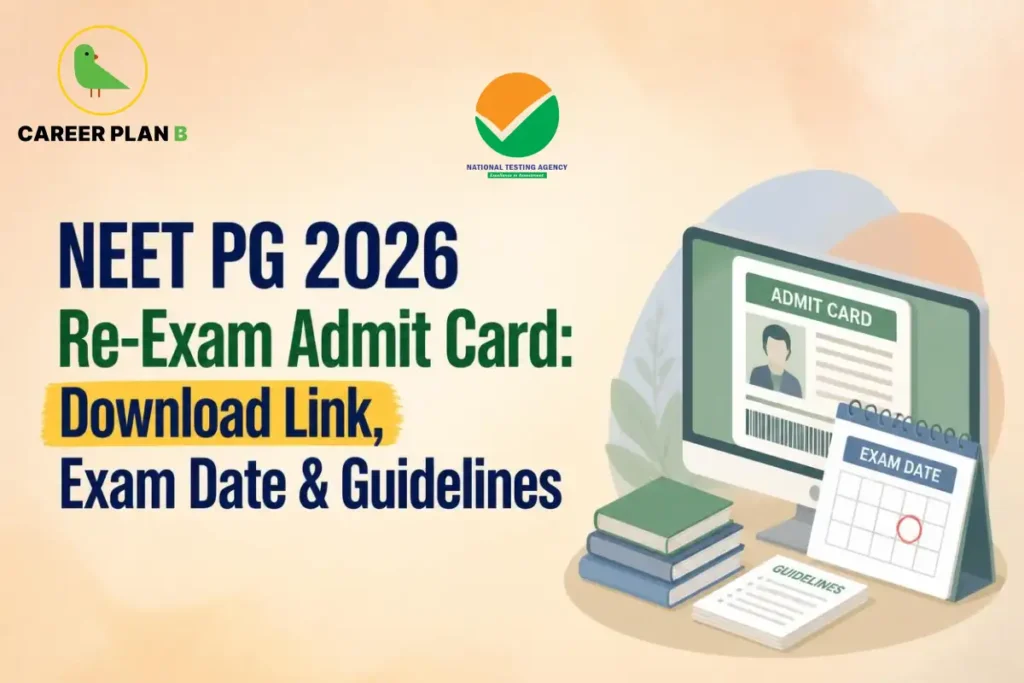 Banner text highlighting NEET PG 2026 re-exam date, admit card download link, and guidelines, alongside a monitor displaying admit card and exam calendar.