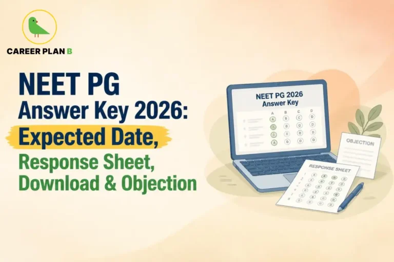 Educational infographic by Career Plan B titled "NEET PG Answer Key 2026: Expected Date, Response Sheet, Download & Objection". Top-left features the Career Plan B logo with a green bird inside a solid gold circular emblem with text below. Right side illustrates a laptop displaying "NEET PG 2026 Answer Key", alongside a "RESPONSE SHEET" document with a pen and an "OBJECTION" form with a plant in the foreground.