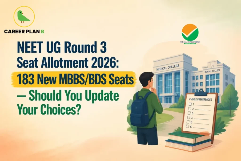Educational infographic by Career Plan B titled "NEET UG Round 3 Seat Allotment 2026: 183 New MBBS/BDS Seats — Should You Update Your Choices?". Top-left features the Career Plan B logo with a green bird inside a solid gold circular emblem with text below. Center illustrates a student with a backpack looking toward medical and dental college buildings, with a "CHOICE PREFERENCES" checklist board and books in the foreground.
