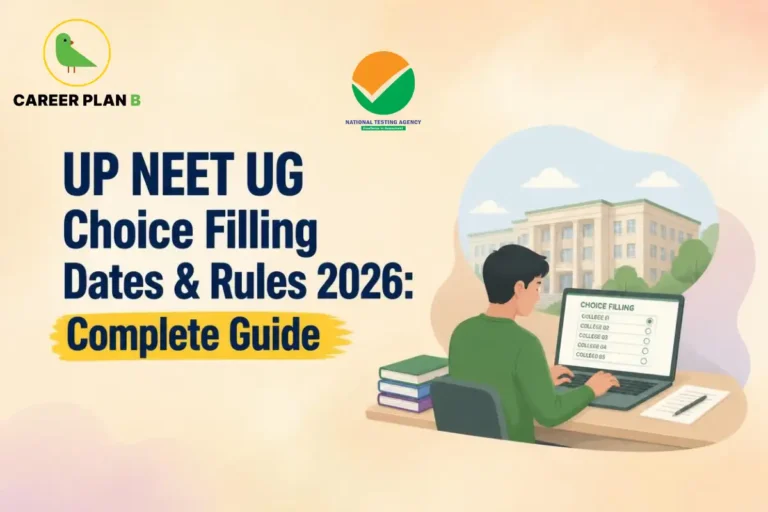 Banner text explaining UP NEET UG choice filling dates and rules 2026 complete guide, with a student completing medical college choice filling on a laptop.