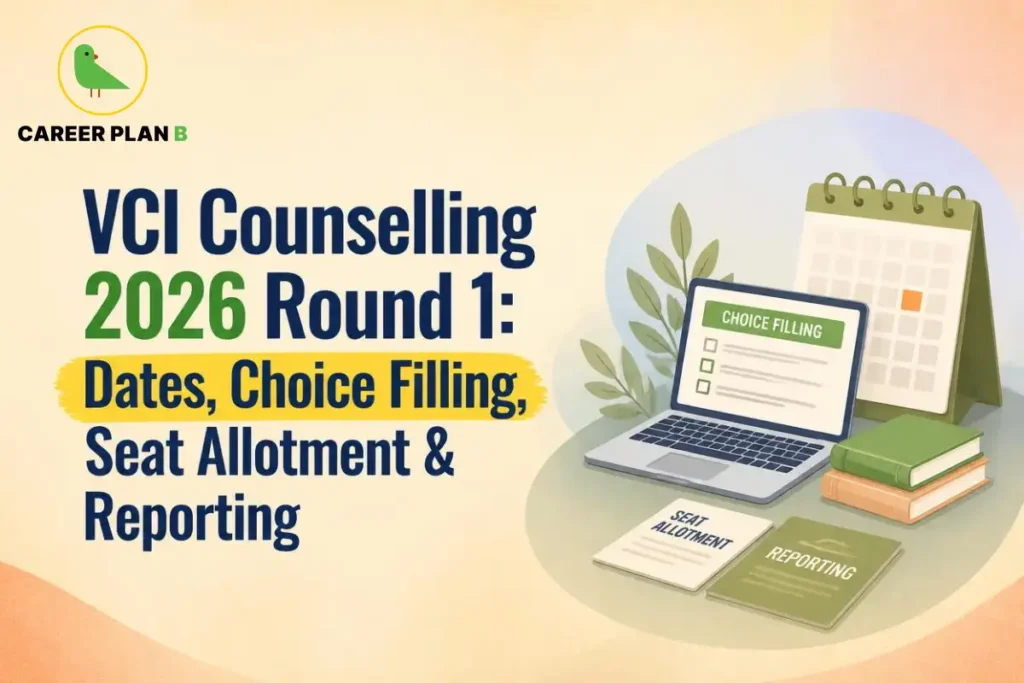 Educational infographic by Career Plan B titled "VCI Counselling 2026 Round 1: Dates, Choice Filling, Seat Allotment & Reporting". Top-left features the Career Plan B logo with a green bird inside a solid gold circular emblem with text below. Right side illustrates a desk setup with a laptop displaying a screen labeled "CHOICE FILLING", a desk calendar, stacked books, and documents labeled "SEAT ALLOTMENT" and "REPORTING" in the foreground.