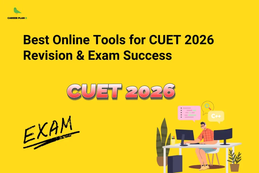 Best online tools for CUET 2026 revision, illustrated by a student using a desktop computer with exam and coding graphics.