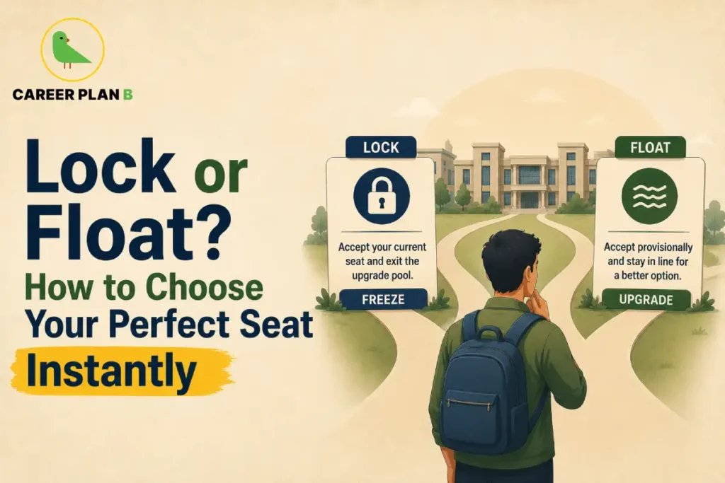 College admission counselling illustration explaining the difference between Lock and Float options, showing a student choosing between accepting a current seat and waiting for a better admission option.