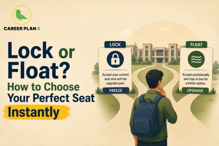 College admission counselling illustration explaining the difference between Lock and Float options, showing a student choosing between accepting a current seat and waiting for a better admission option.