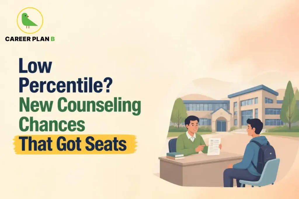 College admission counselling for students with low entrance exam percentiles, showing a student discussing alternative college options and seat availability with an admission counsellor.