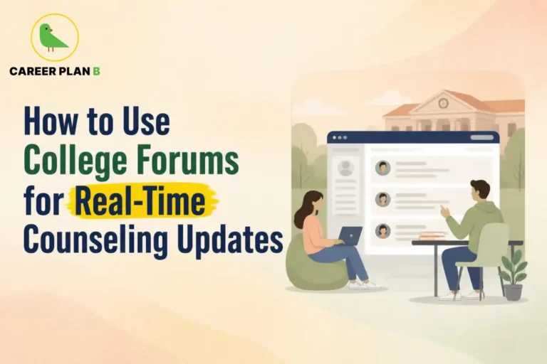 College students using online college forums to discuss admission counselling updates, share real-time information and track seat allotment announcements.