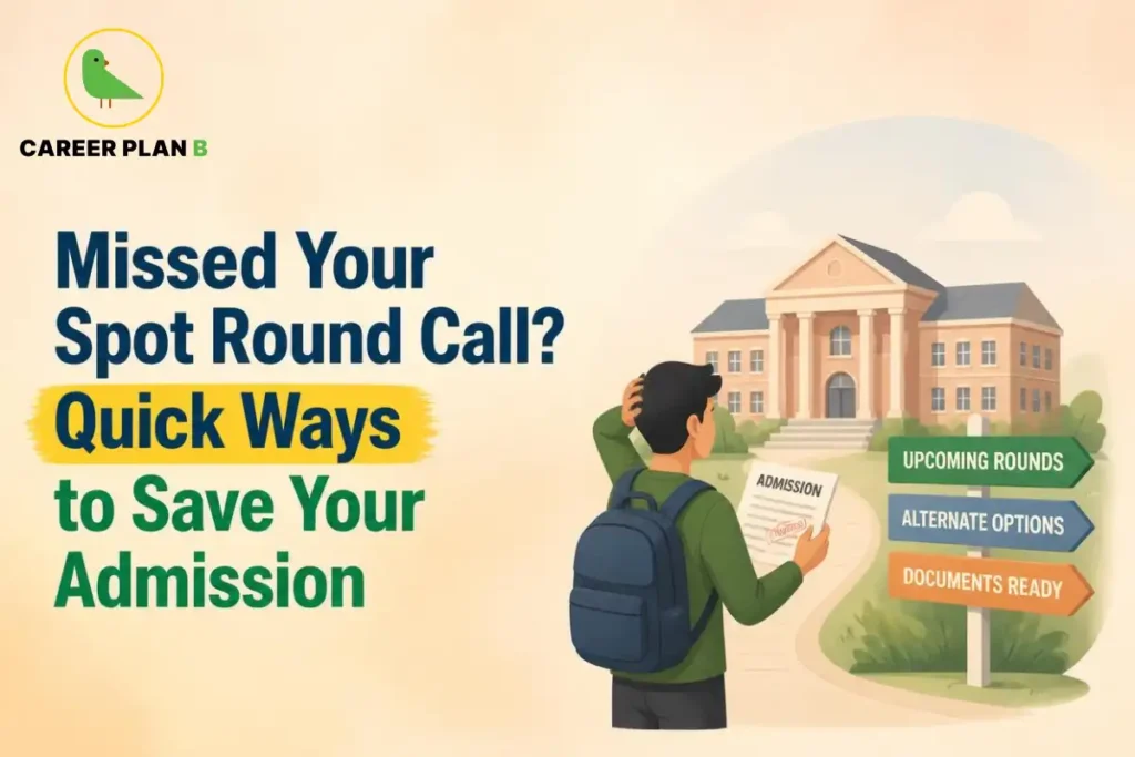 Student seeking college admission guidance after missing a spot-round counselling call, with signposts highlighting upcoming rounds, alternative admission options and document preparation.
