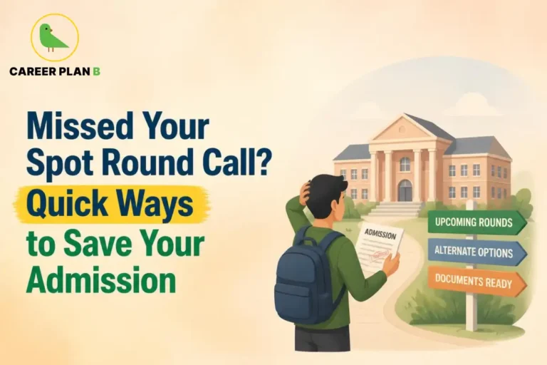 Student seeking college admission guidance after missing a spot-round counselling call, with signposts highlighting upcoming rounds, alternative admission options and document preparation.