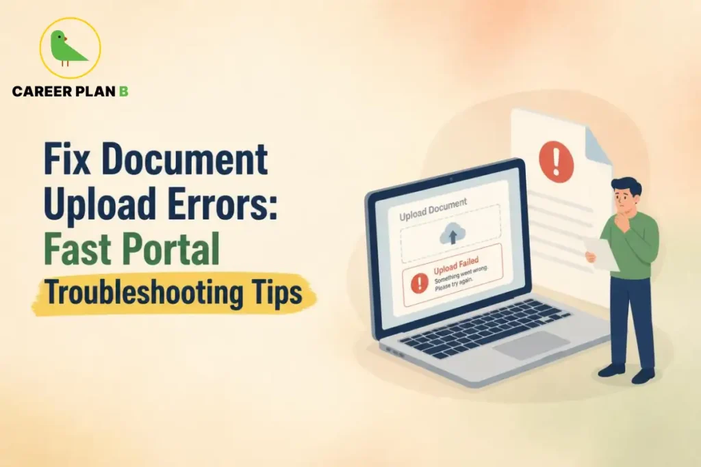 College admission portal showing a document upload failure, with a student troubleshooting an error while submitting application documents online.
