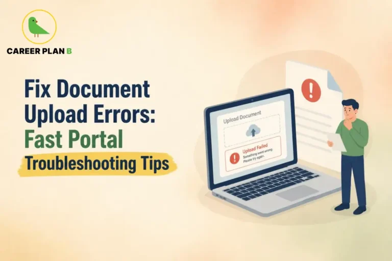 College admission portal showing a document upload failure, with a student troubleshooting an error while submitting application documents online.