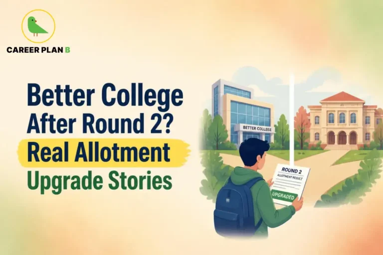 Student reviewing a Round 2 college allotment result showing an upgraded seat while comparing two college campuses for admission.
