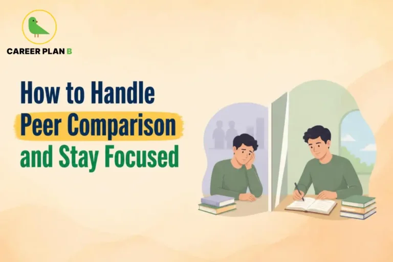 Student feeling stressed by peer comparison while another student studies confidently at a desk, illustrating ways to stay focused on personal academic goals.