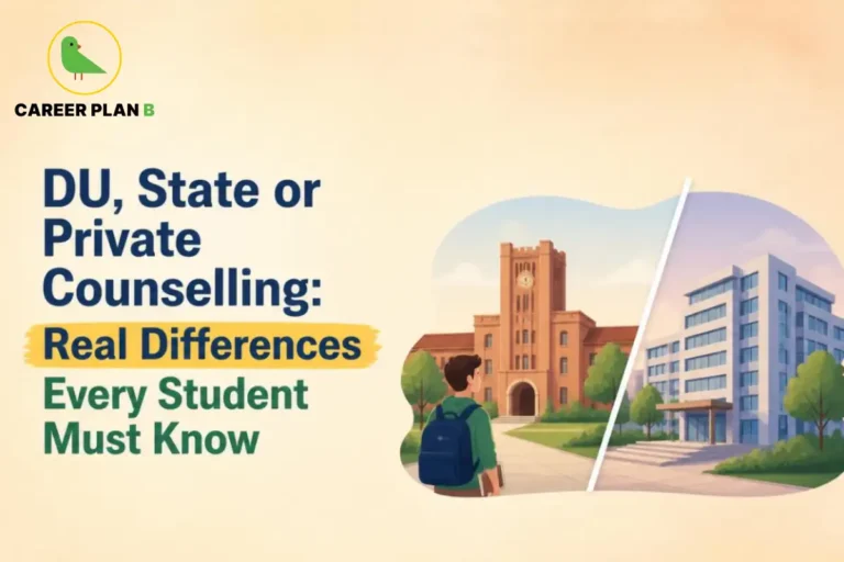 Student comparing a traditional university campus with a modern private college building, illustrating the differences between DU, state university and private college counselling options.