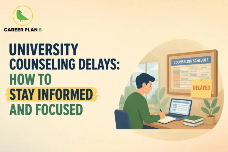 Student checking university counselling updates on a laptop while a noticeboard displays a delayed counselling schedule, representing admission delays and the importance of staying informed.