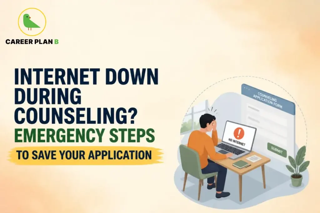 Student facing an internet connection failure while filling out an online university counselling application, with a laptop displaying a no-internet warning and a pending submit button.