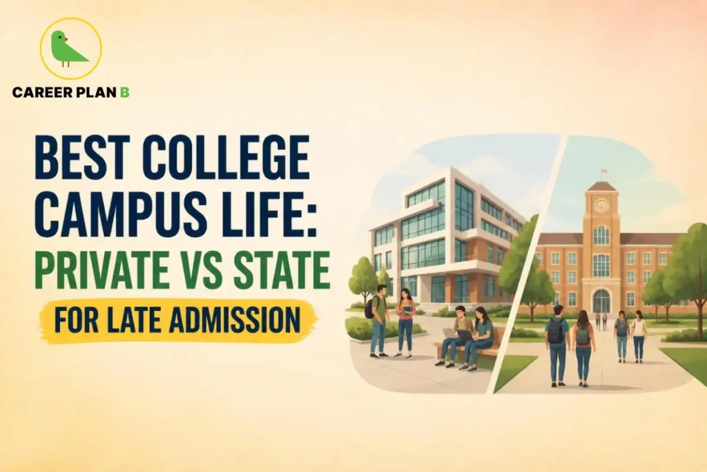 Best college campus life comparison showing students studying and socialising at private and state college campuses.