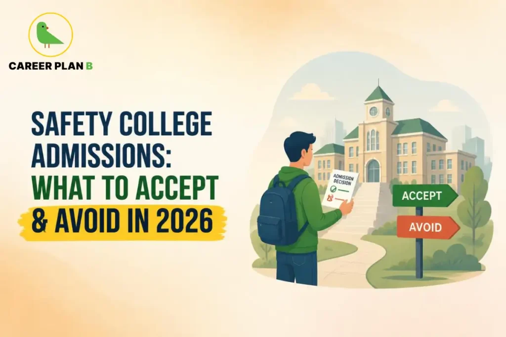 Safety college admissions illustration showing a student reviewing admission choices near a university campus.