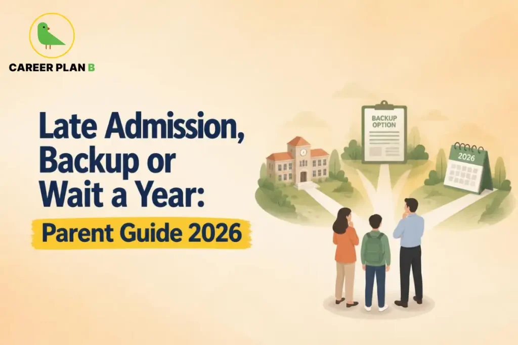 Late admission 2026 guide showing parents and a student comparing backup college options and planning their next steps.