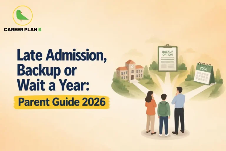 Late admission 2026 guide showing parents and a student comparing backup college options and planning their next steps.