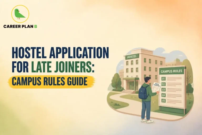 Hostel application for late joiners showing a student checking campus rules beside a hostel building.