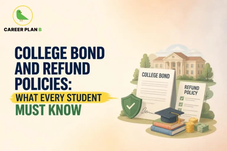 College bond and refund policies illustration showing college documents, a refund checklist, books and a graduation cap.