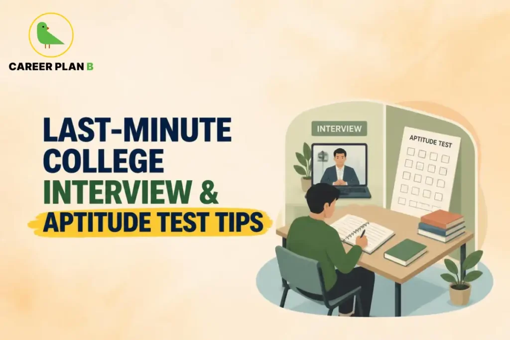 College interview and aptitude test tips illustration showing a student practising questions and preparing for an online interview.
