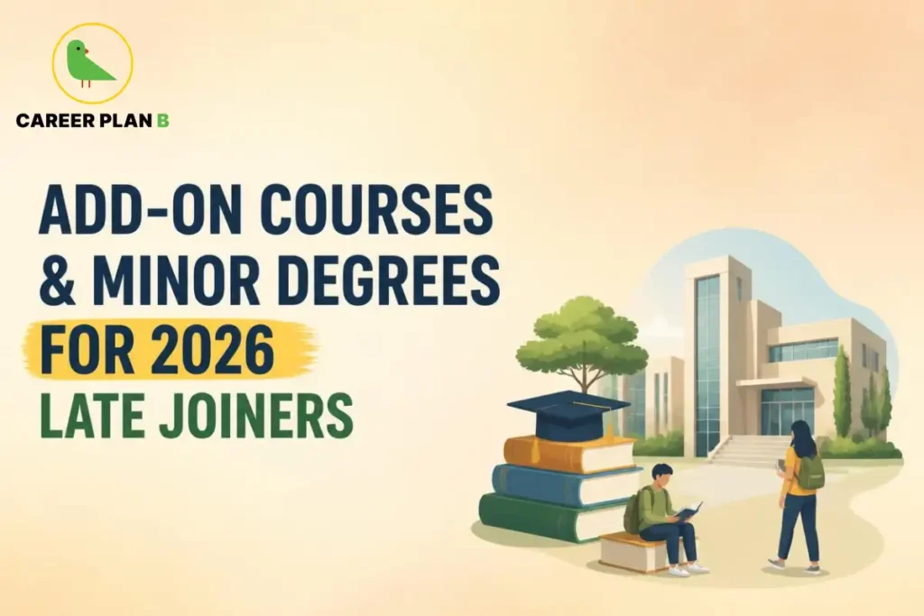 Add-on courses and minor degrees illustration showing students studying near a college building with books and a graduation cap.
