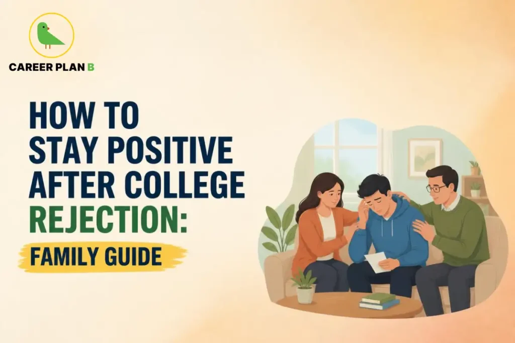 How to stay positive after college rejection illustration showing parents comforting a student and discussing future options.