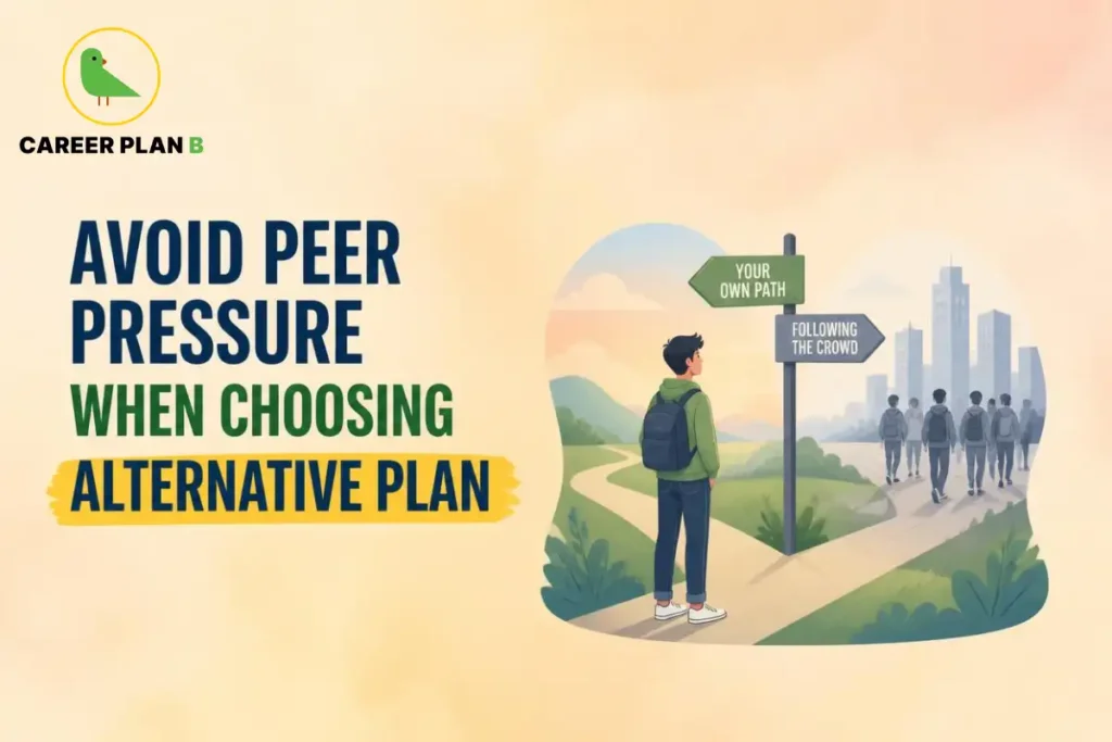 Avoid peer pressure when choosing an alternative plan illustration showing a student deciding between an independent path and following a group.