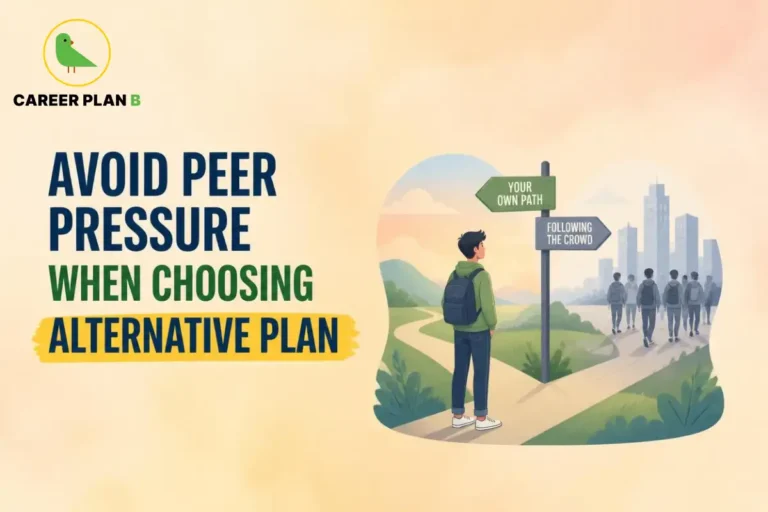 Avoid peer pressure when choosing an alternative plan illustration showing a student deciding between an independent path and following a group.