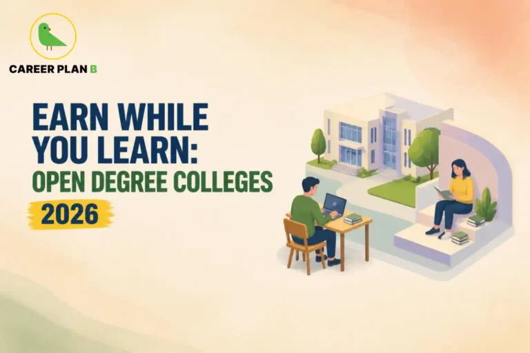 Open degree colleges illustration showing students learning independently with laptops and books near a modern college building.